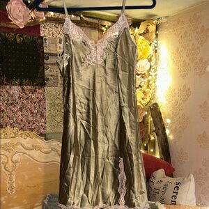Victoria's Secret Olive Satin Slip with Lace Trim